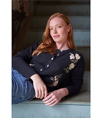 Lucky Brand Cloud Knit Crew Neck Long Sleeve Floral Embroidered Cardigan
