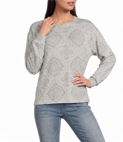 Lucky Brand Cloud Knit Diamond Print Round Neck Long Sleeve Top
