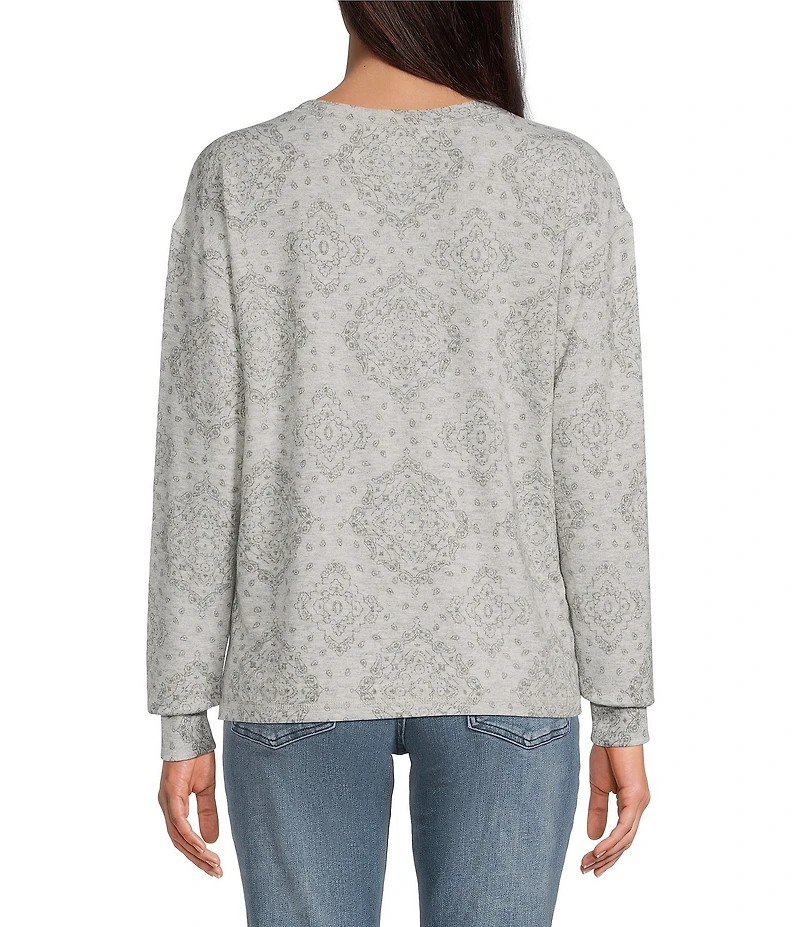 Lucky Brand Cloud Knit Diamond Print Round Neck Long Sleeve Top