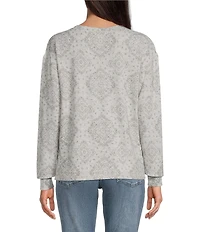 Lucky Brand Cloud Knit Diamond Print Round Neck Long Sleeve Top