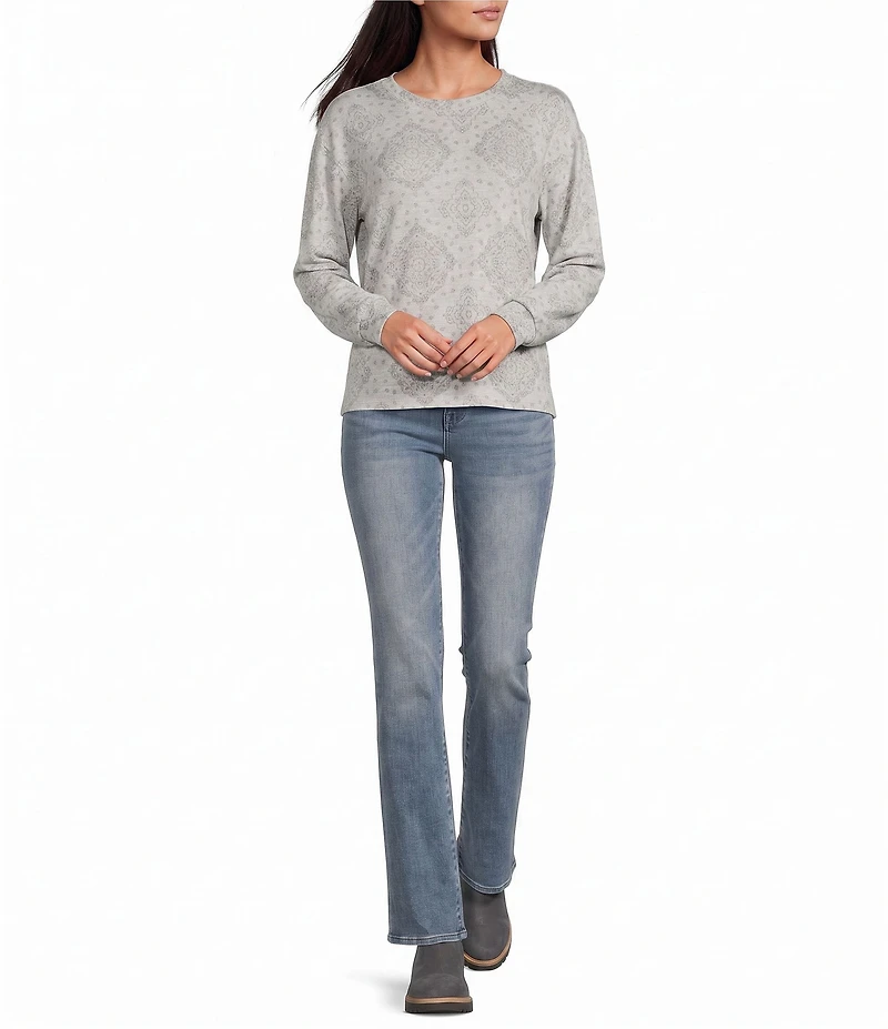 Lucky Brand Cloud Knit Diamond Print Round Neck Long Sleeve Top