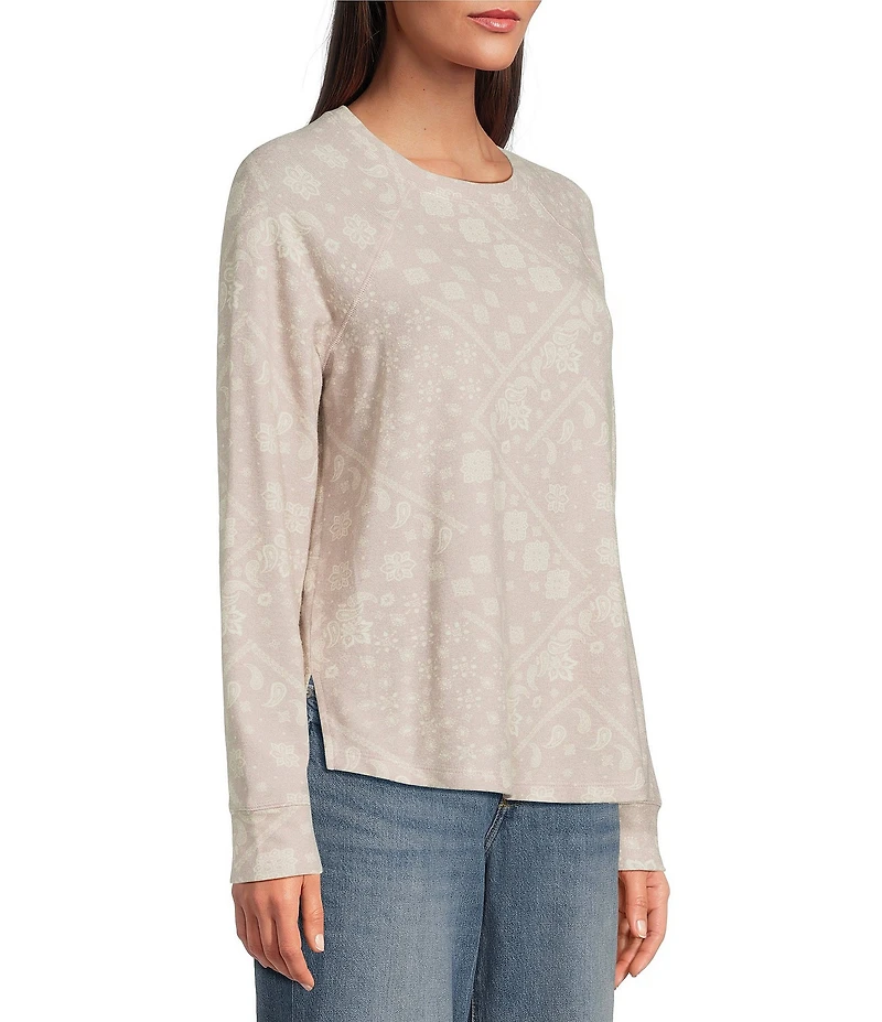 Lucky Brand Cloud Paisley Knit Crew Neck Long Sleeve Top