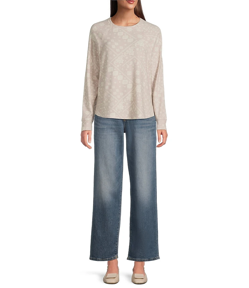 Lucky Brand Cloud Paisley Knit Crew Neck Long Sleeve Top