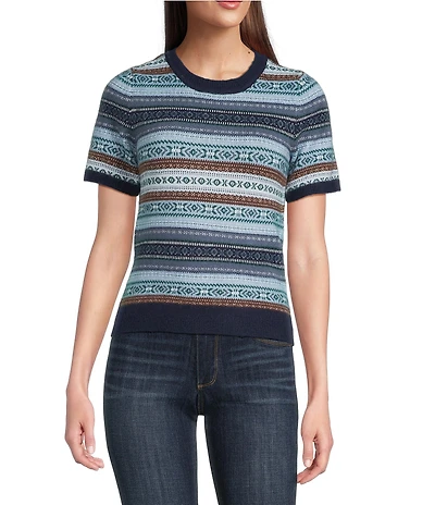 Lucky Brand Fair Isle Stripe Knit Crew Neck Shot Sleeve Sweater Tee