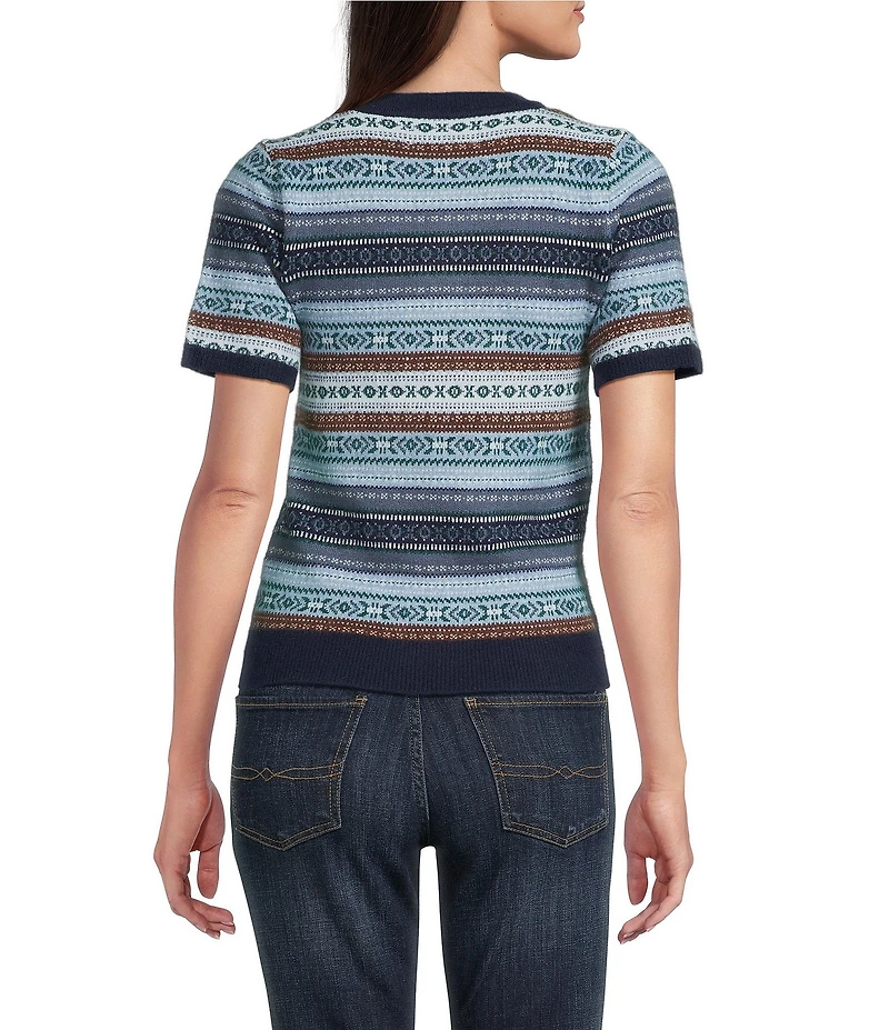 Lucky Brand Fair Isle Stripe Knit Crew Neck Shot Sleeve Sweater Tee