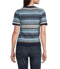 Lucky Brand Fair Isle Stripe Knit Crew Neck Shot Sleeve Sweater Tee