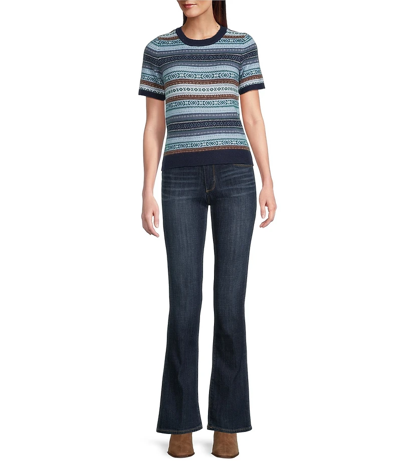 Lucky Brand Fair Isle Stripe Knit Crew Neck Shot Sleeve Sweater Tee