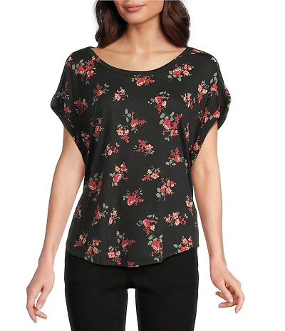 Lucky Brand Floral Print Crew Neck Dolman Short Sleeve Tee
