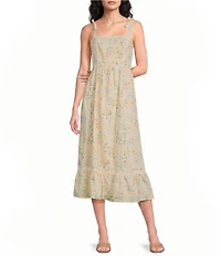 Lucky Brand Floral Print Square Neck Sleeveless Midi A-Line Dress