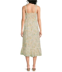 Lucky Brand Floral Print Square Neck Sleeveless Midi A-Line Dress