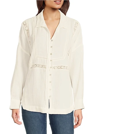 Lucky Brand Gauze Lace Trim Spread Collar Long Sleeve Button-Front Shirt