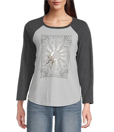 Lucky Brand Good Fortune Sun Poster Knit Crew Neck 3/4 Sleeve Tee Shirt