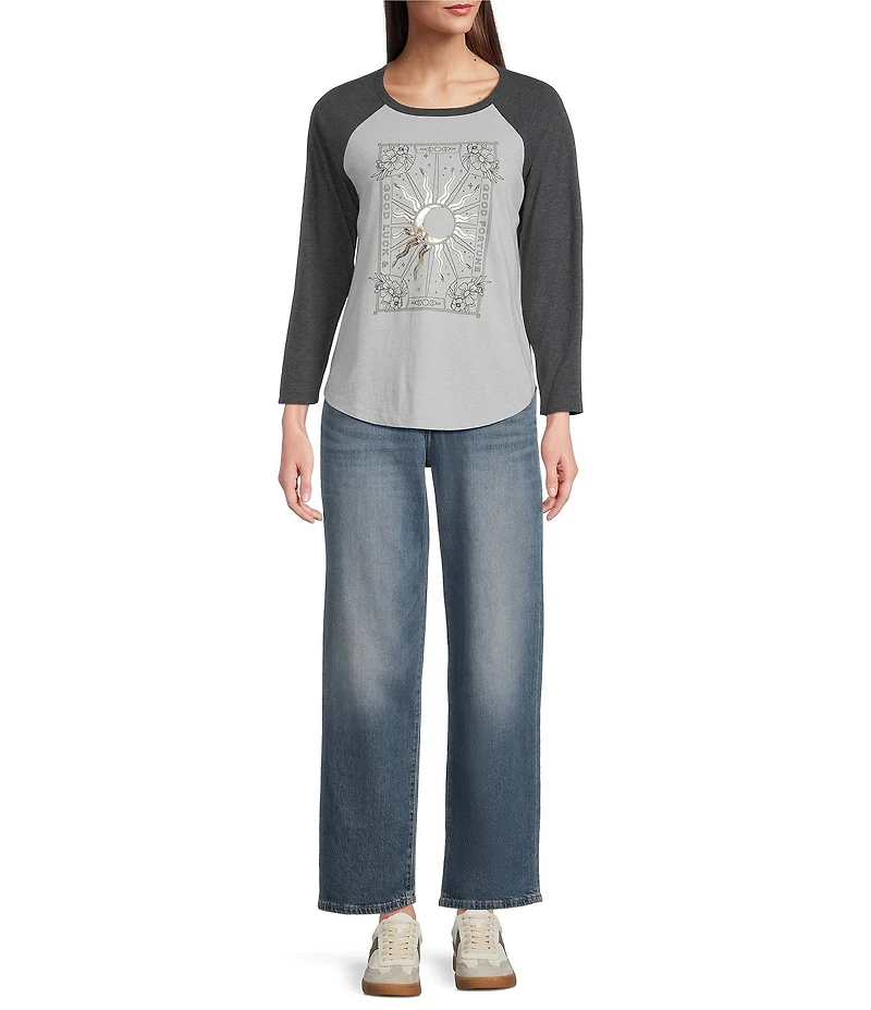 Lucky Brand Good Fortune Sun Poster Knit Crew Neck 3/4 Sleeve Tee Shirt