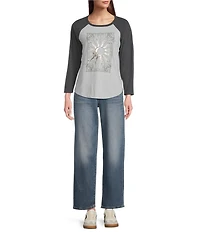 Lucky Brand Good Fortune Sun Poster Knit Crew Neck 3/4 Sleeve Tee Shirt