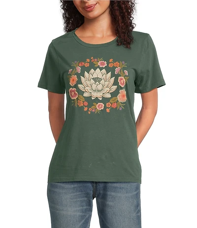 Lucky Brand Graphic Embroidered Lotus Crew Neck Short Sleeve Tee