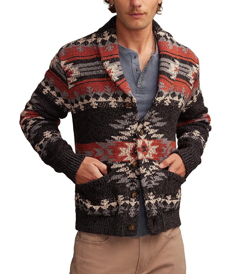 Lucky Brand Intarsia Shawl Collar Long Sleeve Cardigan