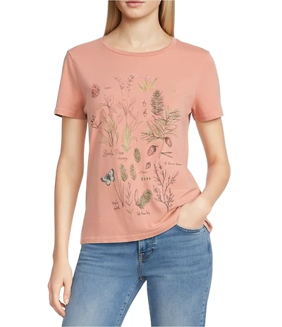 Lucky Brand Knit Botanical Floral Graphic Crew Neck Short Sleeve Tee