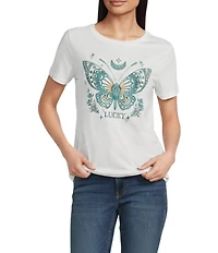 Lucky Brand Knit Butterfly Heart Crew Neck Short Sleeve Tee