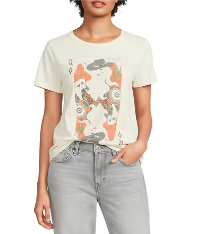 Lucky Brand Knit Cowgirl Card Print Crew Neck Short Sleeve Tee