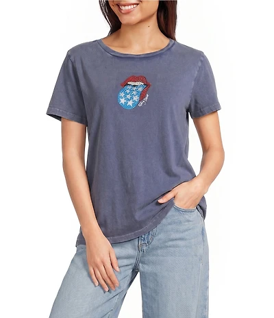 Lucky Brand Knit Crew Neck Short Sleeve Rolling Stones Americana Graphic Design Tee Shirt