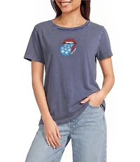 Lucky Brand Knit Crew Neck Short Sleeve Rolling Stones Americana Graphic Design Tee Shirt