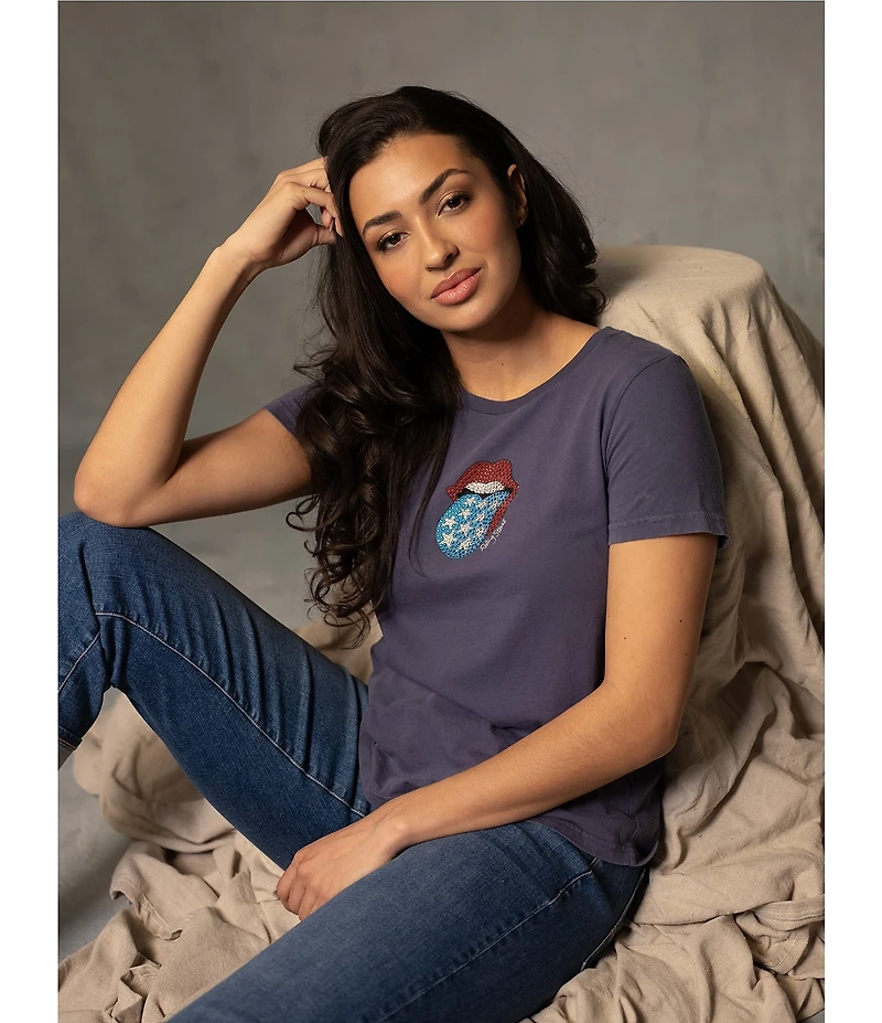 Lucky Brand Knit Crew Neck Short Sleeve Rolling Stones Americana Graphic Design Tee Shirt