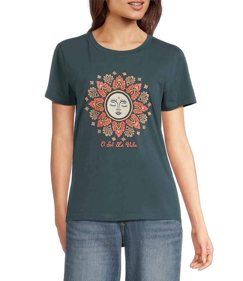 Lucky Brand Knit Crew Neck Long Sleeve Embroidered Sun Shirt