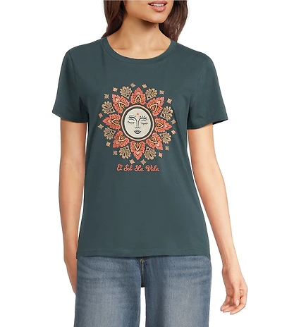 Lucky Brand Knit Crew Neck Long Sleeve Embroidered Sun Shirt