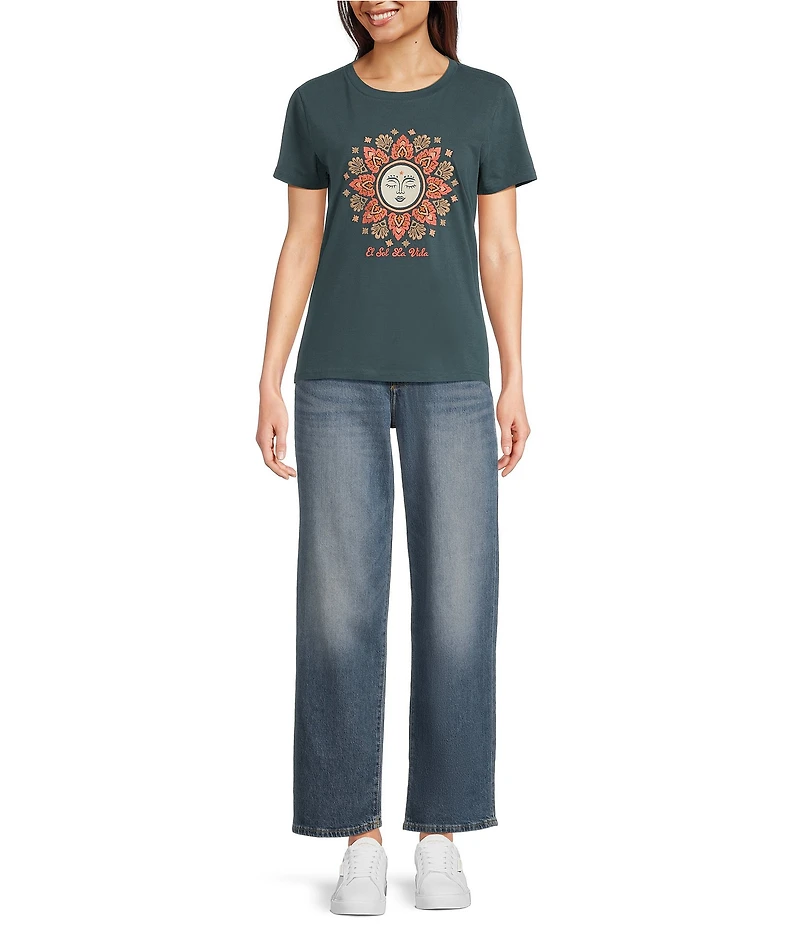 Lucky Brand Knit Crew Neck Long Sleeve Embroidered Sun Shirt