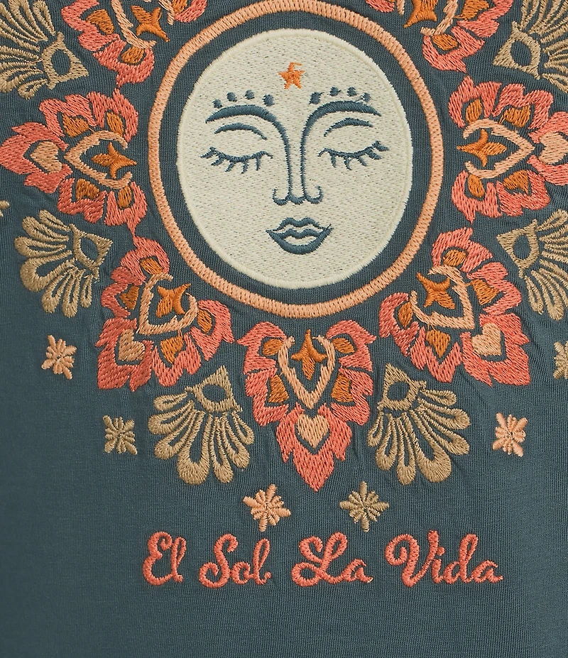 Lucky Brand Knit Crew Neck Long Sleeve Embroidered Sun Shirt