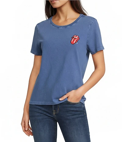 Lucky Brand Knit Crew Neck Short Sleeve Rolling Stones Patch Tee