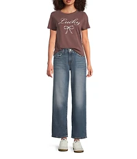 Lucky Brand Knit Crew Neck Short Sleeve Beaded Bow Tee