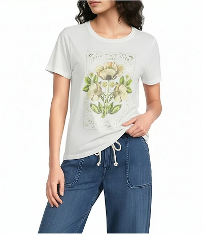 Lucky Brand Knit Crew Neck Short Sleeve Floral Print Tee