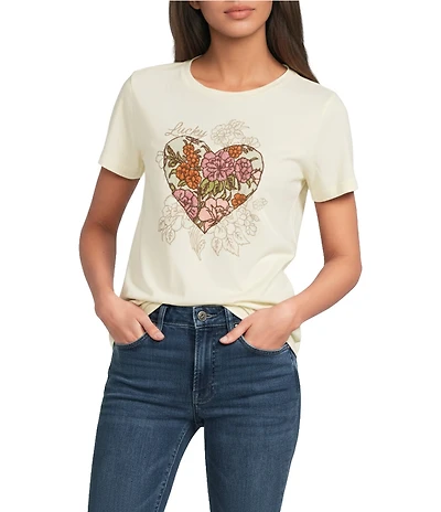 Lucky Brand Knit Crew Neck Short Sleeve Heart Print Tee