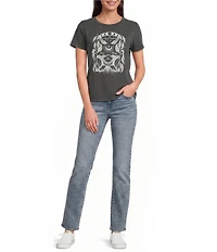 Lucky Brand Knit Crew Neck Short Sleeves Front Embellished Moon Flower Tee Shirt