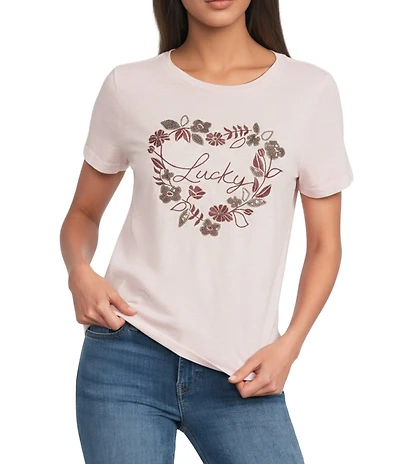Lucky Brand Knit Floral Heart Graphic Crew Neck Short Sleeve Tee