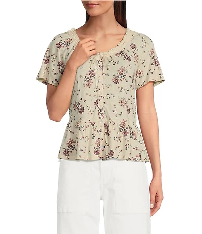 Lucky Brand Knit Floral Print Crew Neck Short Sleeve Peplum Tee