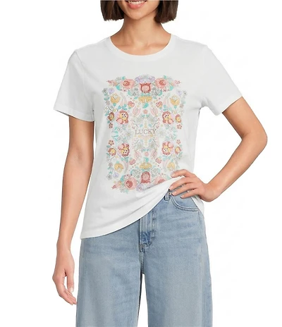 Lucky Brand Knit Floral Print Crew Neck Short Sleeve Tee