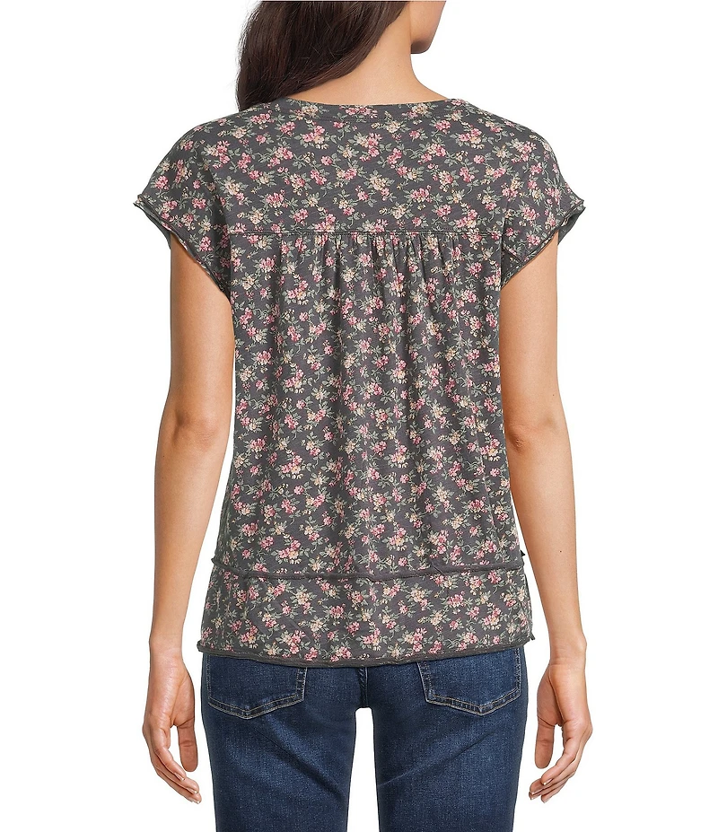 Lucky Brand Knit Floral Print Round Neck Smocked Dolman Cap Sleeve Tee Shirt