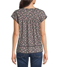 Lucky Brand Knit Floral Print Round Neck Smocked Dolman Cap Sleeve Tee Shirt