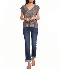 Lucky Brand Knit Floral Print Round Neck Smocked Dolman Cap Sleeve Tee Shirt