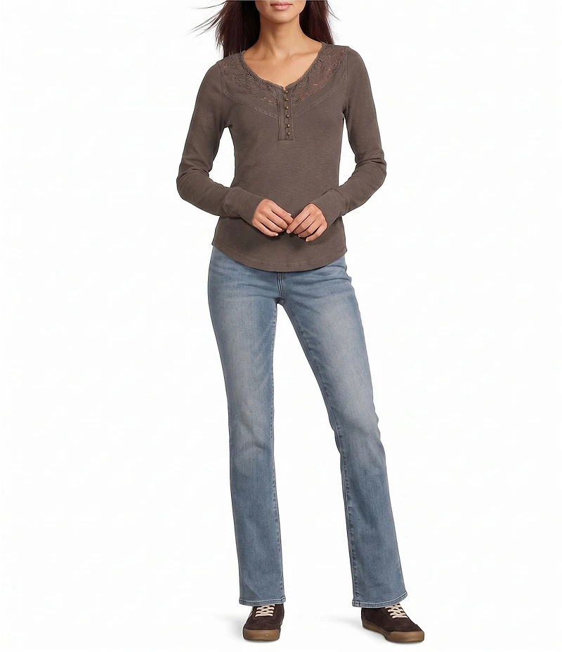 Lucky Brand Knit Henley Neck Long Sleeve Lace Yoke Top