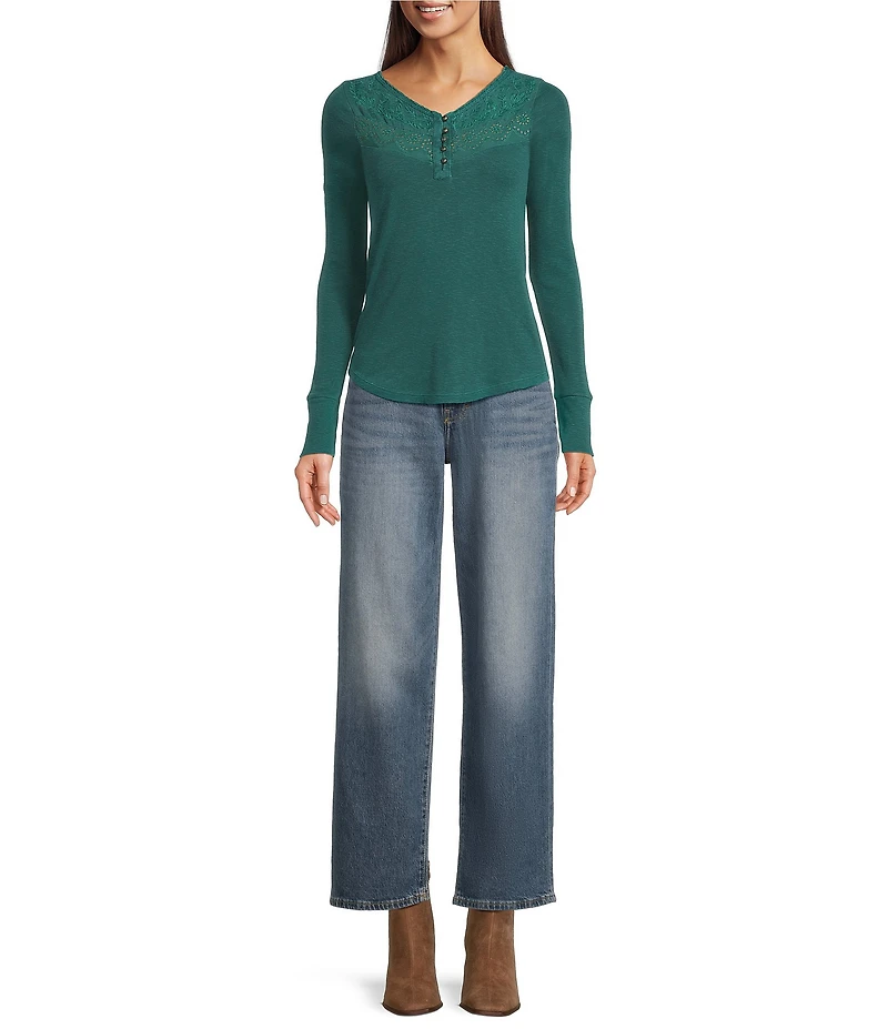 Lucky Brand Knit Lace V-Neck Long Sleeve Henley Shirt