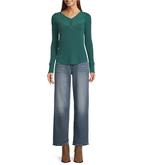Lucky Brand Knit Lace V-Neck Long Sleeve Henley Shirt