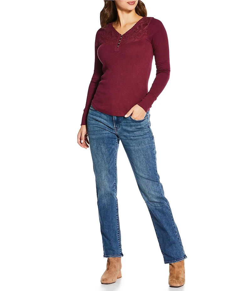 Lucky Brand Knit Lace V-Neck Long Sleeve Henley Shirt