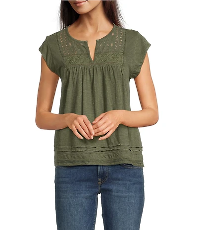 Lucky Brand Knit Lace V-Neck Short Sleeve Top