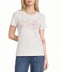Lucky Brand Knit Lucky Ribbon Front Design Crew Neck Short Sleeve Tee