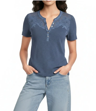 Lucky Brand Knit Notch Neck Short Sleeve Top