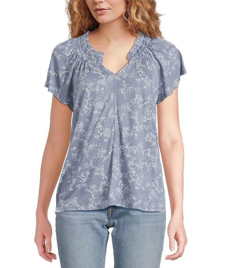 Lucky Brand Knit Printed Notch V-Neck Short Sleeve Top