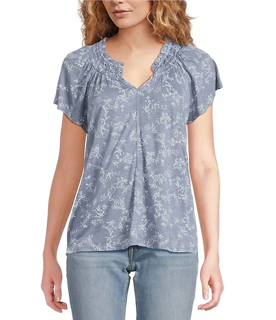 Lucky Brand Knit Printed Notch V-Neck Short Sleeve Top